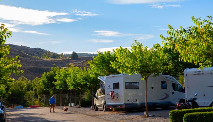 Parcelas para autocaravanas en el Camping Albarracín con autocaravanas entre árboles y una persona paseando a su perro